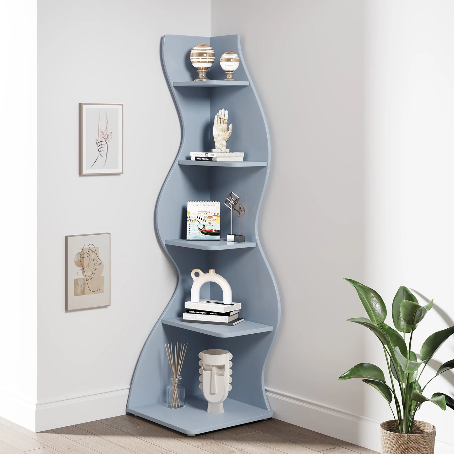 Tribesigns Corner Shelf, Modern 5-Tier Wall Corner Bookshelf, Stylish Corner Small Bookcase Storage Rack Plant Stand