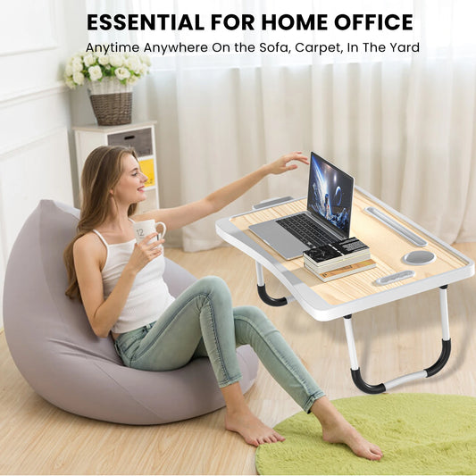 Extra-large multifunctional folding desk, portable multi-color wooden laptop bed desk with cup holder, suitable for work, readin