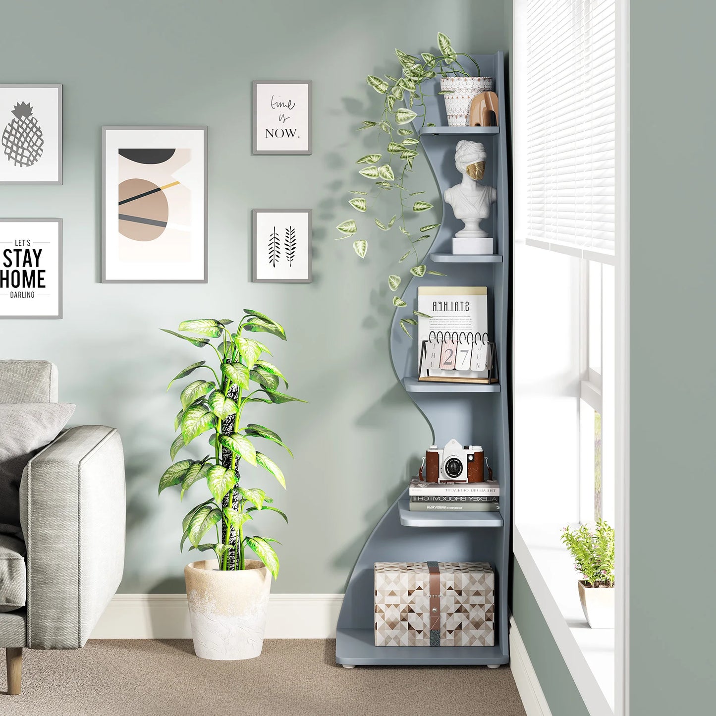 Tribesigns Corner Shelf, Modern 5-Tier Wall Corner Bookshelf, Stylish Corner Small Bookcase Storage Rack Plant Stand