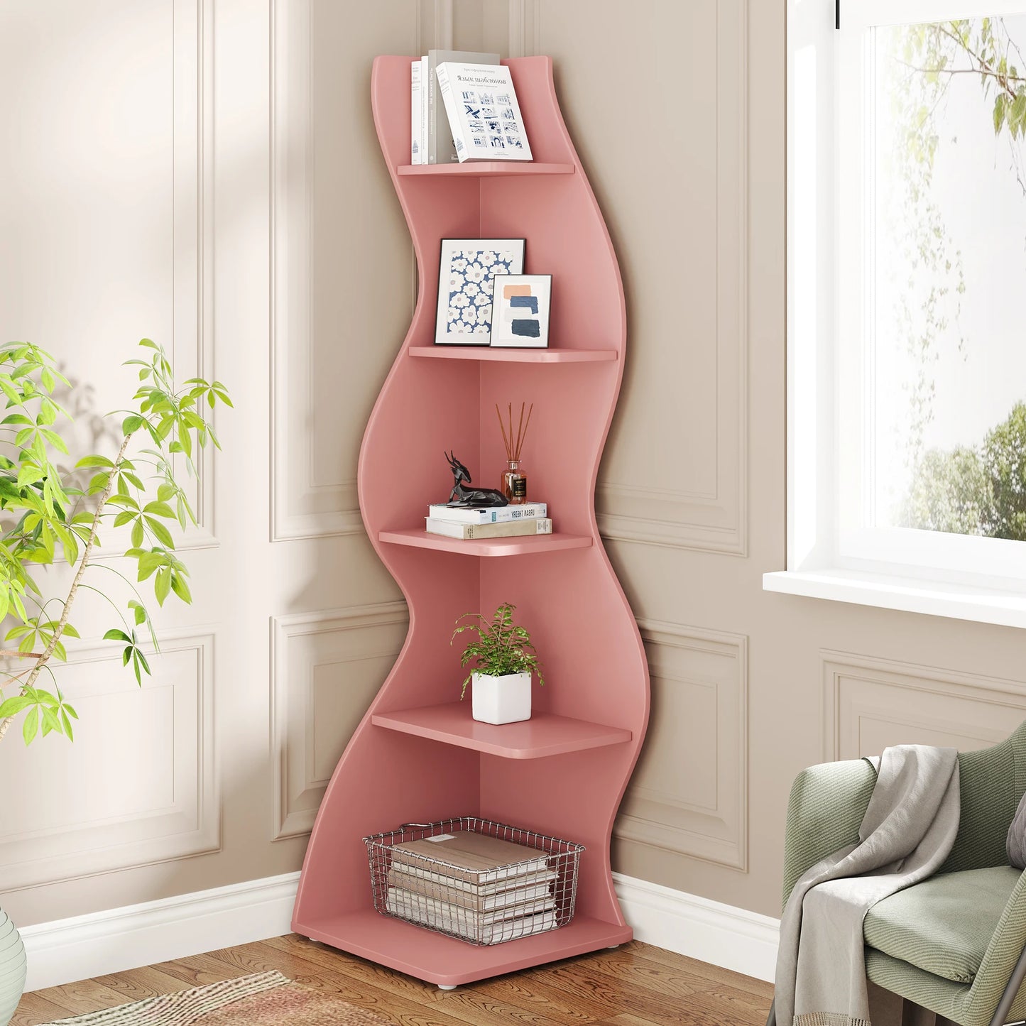 Tribesigns Corner Shelf, Modern 5-Tier Wall Corner Bookshelf, Stylish Corner Small Bookcase Storage Rack Plant Stand