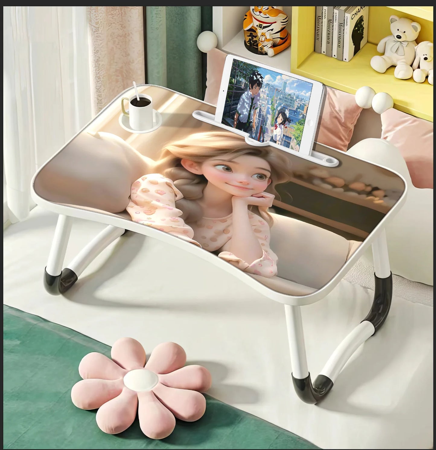 Extra-large multifunctional folding desk, portable multi-color wooden laptop bed desk with cup holder, suitable for work, readin