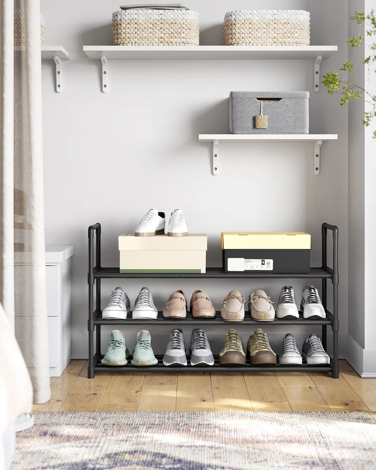 SONGMICS Shoe Rack, 3 Tier Shoe Organizer, Metal Shoe Storage Shelf for 15 Pairs of Shoes, Easy to Assemble, Entryway